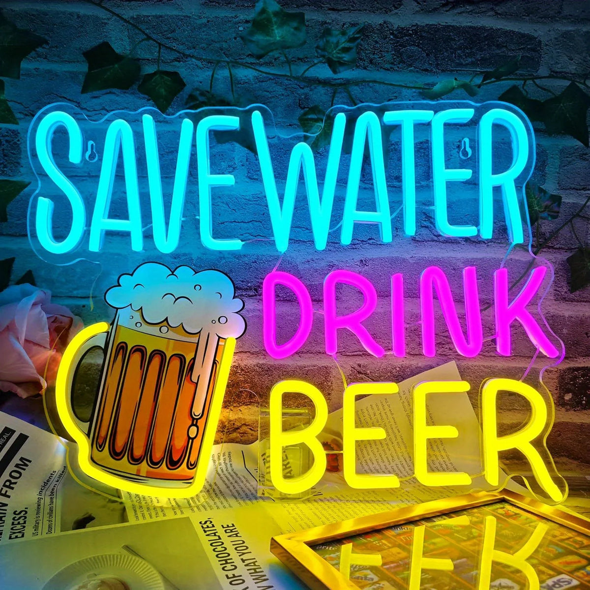 שלט לד save water drink beer